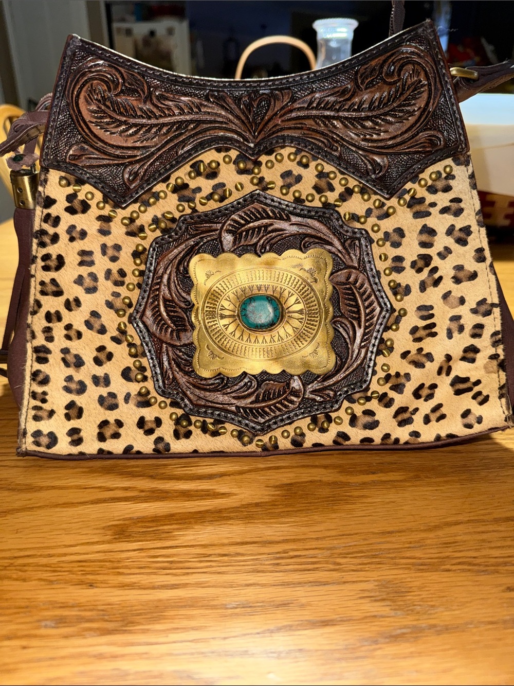 American Darling Western Leopard Print Crossbody Bag with Turquoise Concho